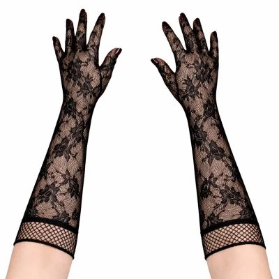 BUĞZ Siyah Uzun Gül Desenli Dantel Kadın Eldiveni