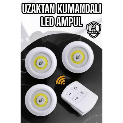 BUĞZ Spot Lamba Led Işık 3lü Uzaktan Kumandalı Pilli Yapışkanlı Kablosuz