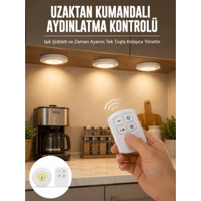 BUĞZ Spot Lamba Led Işık 3lü Uzaktan Kumandalı Pilli Yapışkanlı Kablosuz Yeni Nesil
