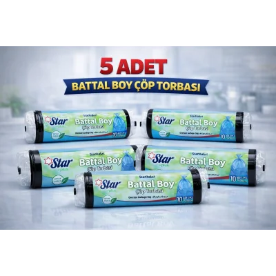 BUĞZ Star Plus Standart Büyük Boy Çöp Torbası 65x80 cm 10 Adet Dayanıklı Sızdırmaz Çöp Poşeti 5 Adet