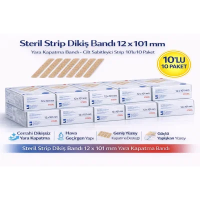 BUĞZ Steril Strip Dikiş Bandı 12 x 101 mm Yara Kapatma Bandı Cilt Sabitleyici Strip 10’lu 10 Paket
