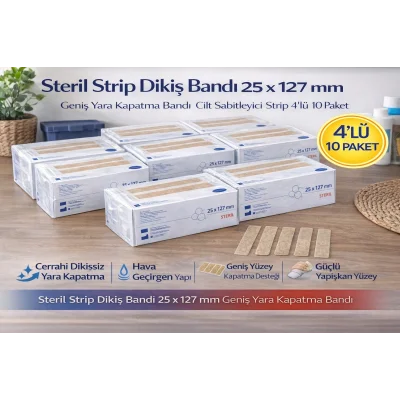 BUĞZ Steril Strip Dikiş Bandı 25 x 127 mm Geniş Yara Kapatma Bandı Cilt Sabitleyici Strip 4’lü 10 Paket