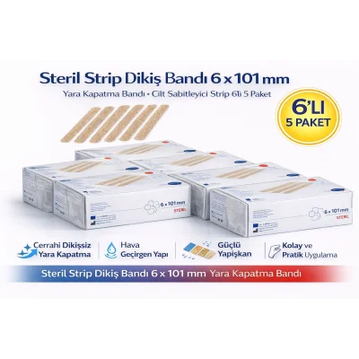 BUĞZ Steril Strip Dikiş Bandı 6 x 101 mm Yara Kapatma Bandı Cilt Sabitleyici Strip 6’lı 5 Paket