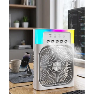 BUĞZ Su Püskürtmeli Mini Klima Fan USB Şarjlı Masaüstü Soğutucu RGB Işıklı