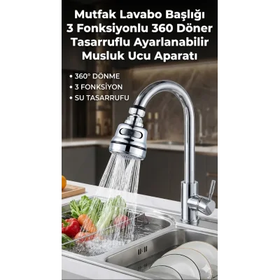 BUĞZ Su Tasarruflu Krom 3 Fonksiyonlu Döner Musluk Ucu Mutfak Evye Banyo Lavabo Çeşme Batarya Aparatı
