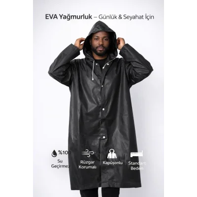 BUĞZ Su ve Rüzgar Geçirmez Siyah Eva Yağmurluk Kapüşonlu Çıtçıtlı Yetişkin Standart Beden