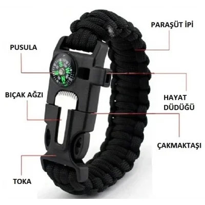 BUĞZ Çok Amaçlı Kamp Bilekliği - Düdük, Çakı, Çakmaktaşı, Pusula ve Paraşüt İpi Dahil BX-313573