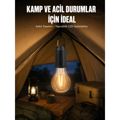 BUĞZ Taşınabilir Askılı Ampul Kamp Lambası Askılı Type-C Şarjlı Bahçe Lambası