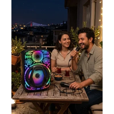 BUĞZ Taşınabilir Bluetooth Speaker Mikrofonlu RGB Işıklı Karaoke Ses Sistemi