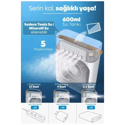 BUĞZ Taşınabilir Işıklı 5 Spreyli Vantilatör Buzlu Buharlı Vantilatör Mini Fan Nemlendirici - Lisinya