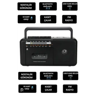 BUĞZ Taşınabilir nostaljik radyo kaset çalar FM radyo USB MP3 çalar Bluetooth hoparlör siyah