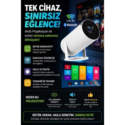 BUĞZ Taşınabilir sinema projektörü Bluetooth Android 11 akıllı projeksiyon wifi beyaz
