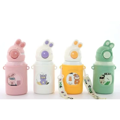 BUĞZ Tavşan Kulaklı Pipetli Çocuk Termosu - 500 Ml Paslanmaz Çelik Suluk Alk2309