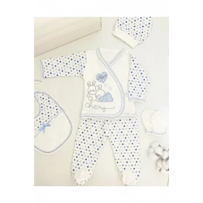 BUĞZ Tavşan Nakışlı Desenli Pamuklu Yenidoğan 5li Hastane Çıkışı Zıbın Seti