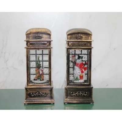  Telefon Kulübesi Tasarımlı Yılbaşı Temalı Işıklı Müzikli Kar Küresi Model 1