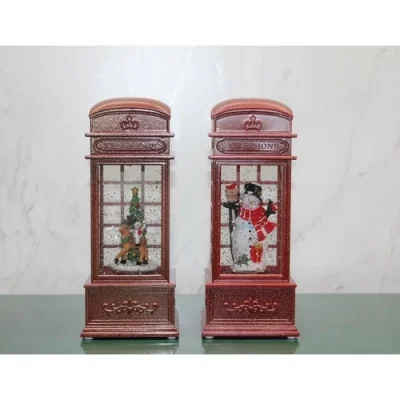  Telefon Kulübesi Tasarımlı Yılbaşı Temalı Işıklı Müzikli Kar Küresi Model 2