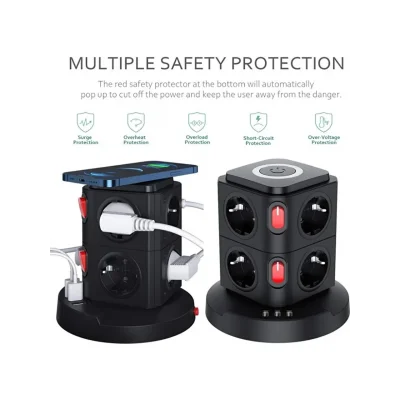 BUĞZ Termal Akım Korumalı Isıya Dayanıklı 3 Usb 8 Priz Ve Wireless Kablosuz Şarj 2.4 Amper Kablolu Priz