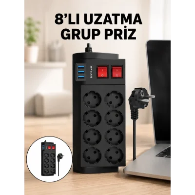 BUĞZ Termal Korumalı 8 Prizli 3 USB’li Uzatma Kablosu Yeni Nesil