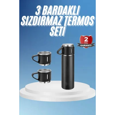 BUĞZ Termos Paslanmaz Çelik Termos Siyah Renk 3 Bardaklı Termos Seti