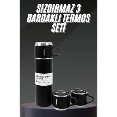  Termos Seti Paslanmaz Çelik 3 Bardaklı Vakumlu Termos Set 500 Ml 12 Saate Kadar Isı Koruma