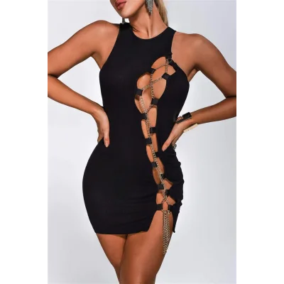 BUĞZ Terry Pau Bayan Zincirli Siyah Mini Elbise