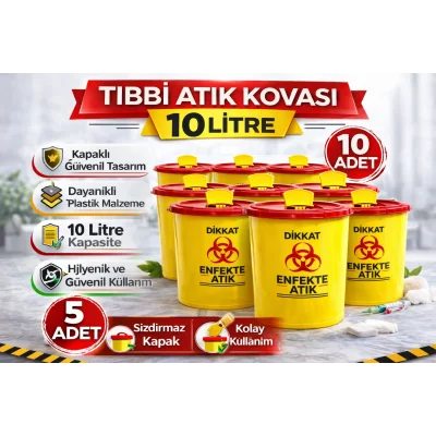 BUĞZ Tıbbi Atık Kovası 10 Litre 10 Adet Kapaklı Tıbbi Atık Kutusu Enfekte Atık Kovası Seti