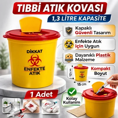 BUĞZ Tıbbi Atık Kovası 1,3 Litre 1 Adet Kapaklı Tıbbi Atık Kutusu Enfekte Atık Kovası