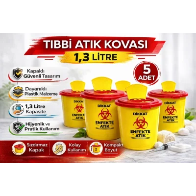 BUĞZ Tıbbi Atık Kovası 1,3 Litre 5 Adet Kapaklı Tıbbi Atık Kutusu Enfekte Atık Kovası Seti