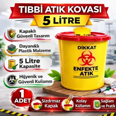 BUĞZ Tıbbi Atık Kovası 5 Litre 1 Adet Kapaklı Tıbbi Atık Kutusu Enfekte Atık Kovası