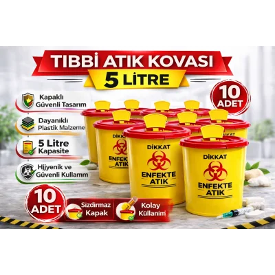 BUĞZ Tıbbi Atık Kovası 5 Litre 10 Adet Kapaklı Tıbbi Atık Kutusu Enfekte Atık Kovası