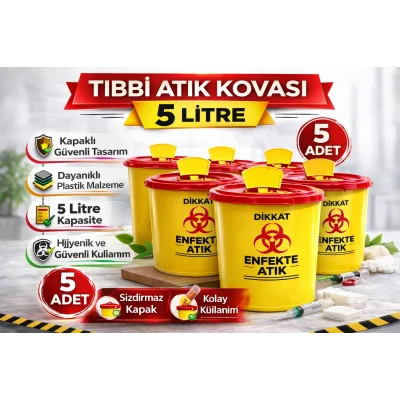 BUĞZ Tıbbi Atık Kovası 5 Litre 5 Adet Kapaklı Tıbbi Atık Kutusu Enfekte Atık Kovası