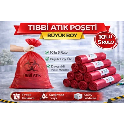 BUĞZ Tıbbi Atık Poşeti Büyük Boy 10lu 5 Rulo Kırmızı Tıbbi Atık Atık Poşeti Seti