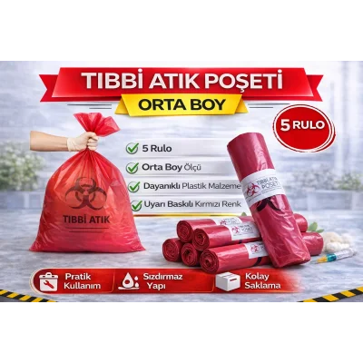 BUĞZ Tıbbi Atık Poşeti Orta Boy 10lu 5 Rulo Kırmızı Tıbbi Atık Atık Poşeti Seti