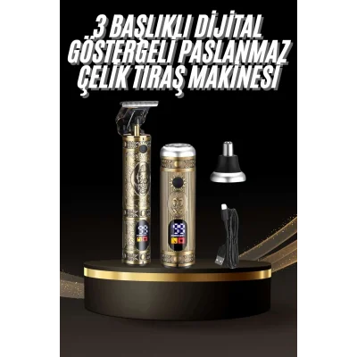  Tıraş Makinesi Pro 3 Başlıklı Dijital Göstergeli Saç Sakal Kulak ve Burun