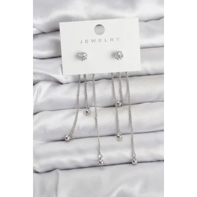 BUĞZ Topçuk Model Gümüş Renk Pirinç Sallantılı Kadın Küpe Seti