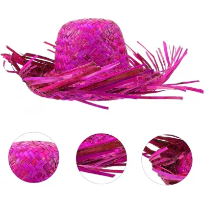 BUĞZ Tropikal Parti Pembe Fuşya Hasır Hawaii Şapkası 13x36 Cm