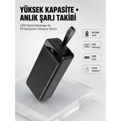 BUĞZ Tüm Cihazlarla Uyumlu 50.000 mAh Powerbank – Yüksek Kapasiteli, LED Gösterge ve Akıllı Koruma Fonksiyonlu