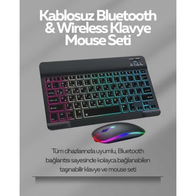  Tüm Cihazlarla Uyumlu RGB Işıklı Kablosuz Klavye ve Mouse Seti