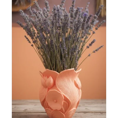 BUĞZ Turuncu Çiçek Desenli 3D Dekoratif Vazo Modern Masaüstü Aksesuar