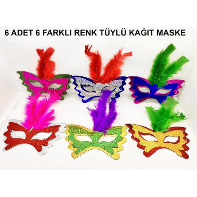 BUĞZ Tüylü Kağıt Parti Venedik Balo After Maskesi 6 Adet