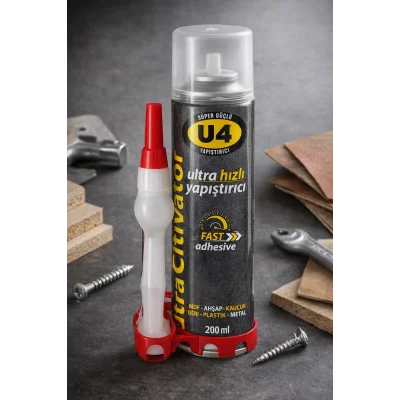 BUĞZ U4 Ultra Hızlı Yapıştırıcı 200 ml Süper Güçlü Şeffaf Endüstriyel Fast Adhesive MDF Ahşap Plastik Metal Deri