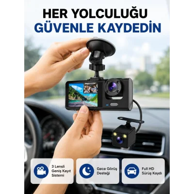 BUĞZ Üç Kameralı Araç İçi Kayıt Sistemi Full HD Gece Görüşlü ve G-Sensör Destekli