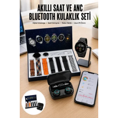 BUĞZ Ucuz Kaliteli Yeni Nesil 7 Kordonlu Akıllı Saat ve Kablosuz Bluetooth Kulaklık ANC Özelliği