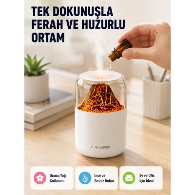 BUĞZ Ultrasonik Alev Efektli Aromaterapi Difüzörü USB Şarjlı ve Otomatik Kapanma Özellikli