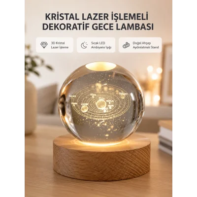 BUĞZ USB Bağlantılı Işıklı Kristal Küre Modern Ahşap Tabanlı Dekor