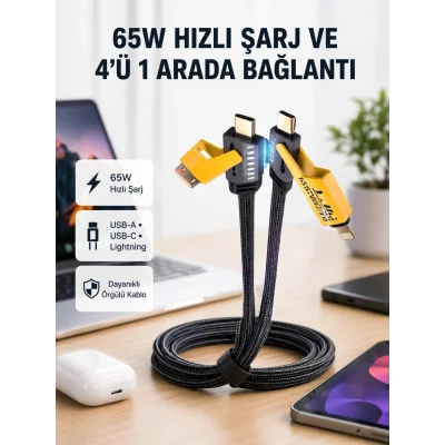 BUĞZ USB-C USB-A 4’ü 1 Arada Örgülü Kablo 65W Hızlı Şarj Metal Uç Dayanıklı