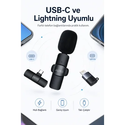 BUĞZ USB-C ve Lightning Uyumlu Kablosuz Yaka Mikrofonu Tak Çalıştır Telefon Ses Kayıt Seti