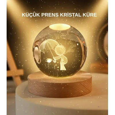 BUĞZ USB LED 3D Küçük Prens Kristal Küre Ahşap Standlı Gece Lambası