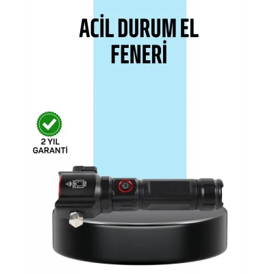 BUĞZ USB Şarjlı Çok Amaçlı El Feneri Çekiçli Pusulalı