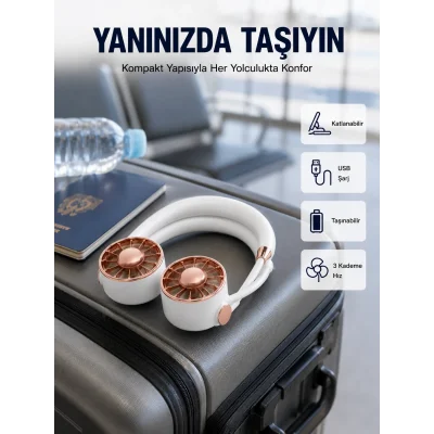 BUĞZ USB Şarjlı Katlanabilir Mini Boyun Fanı 1–3 Saat Kullanım